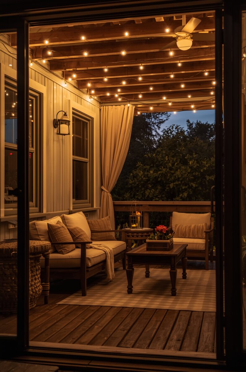 Cozy outdoor deck at night with warm string lights, wooden furniture, cushioned seating, and draped curtains