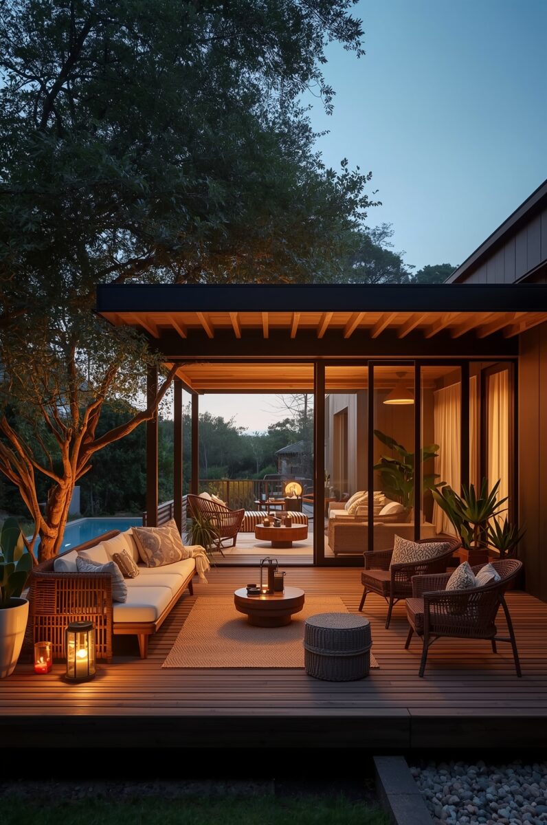 Luxurious outdoor deck with wicker furniture, warm lantern lighting, and open sliding glass doors at dusk