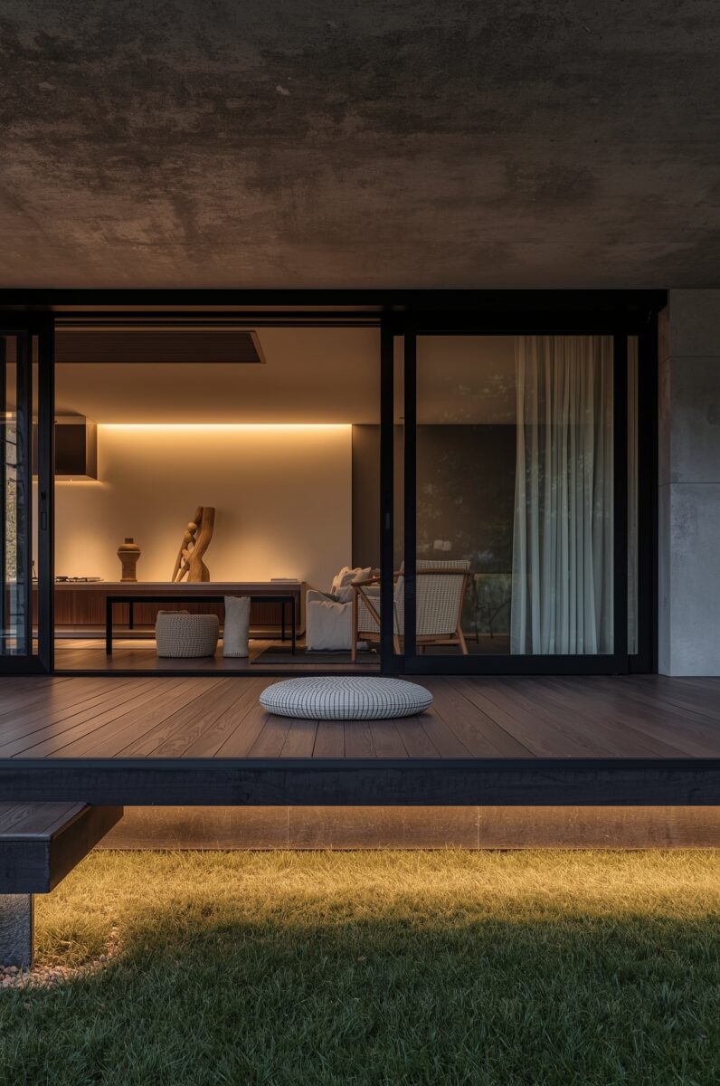 Modern luxury home exterior at dusk with wooden deck, sliding glass doors, and warmly lit interior with wooden furniture