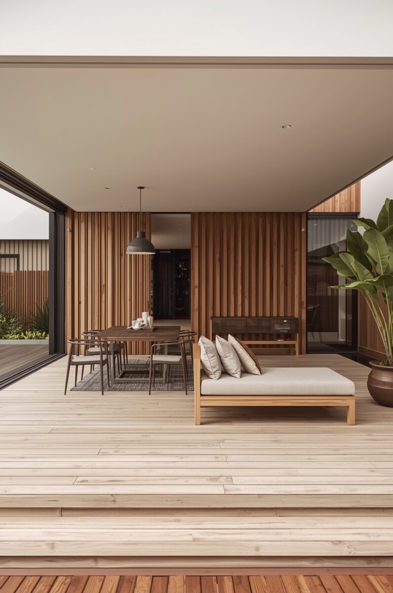 Modern covered outdoor terrace with wooden decking, daybed, dining set, vertical wood slat walls, and tropical plant