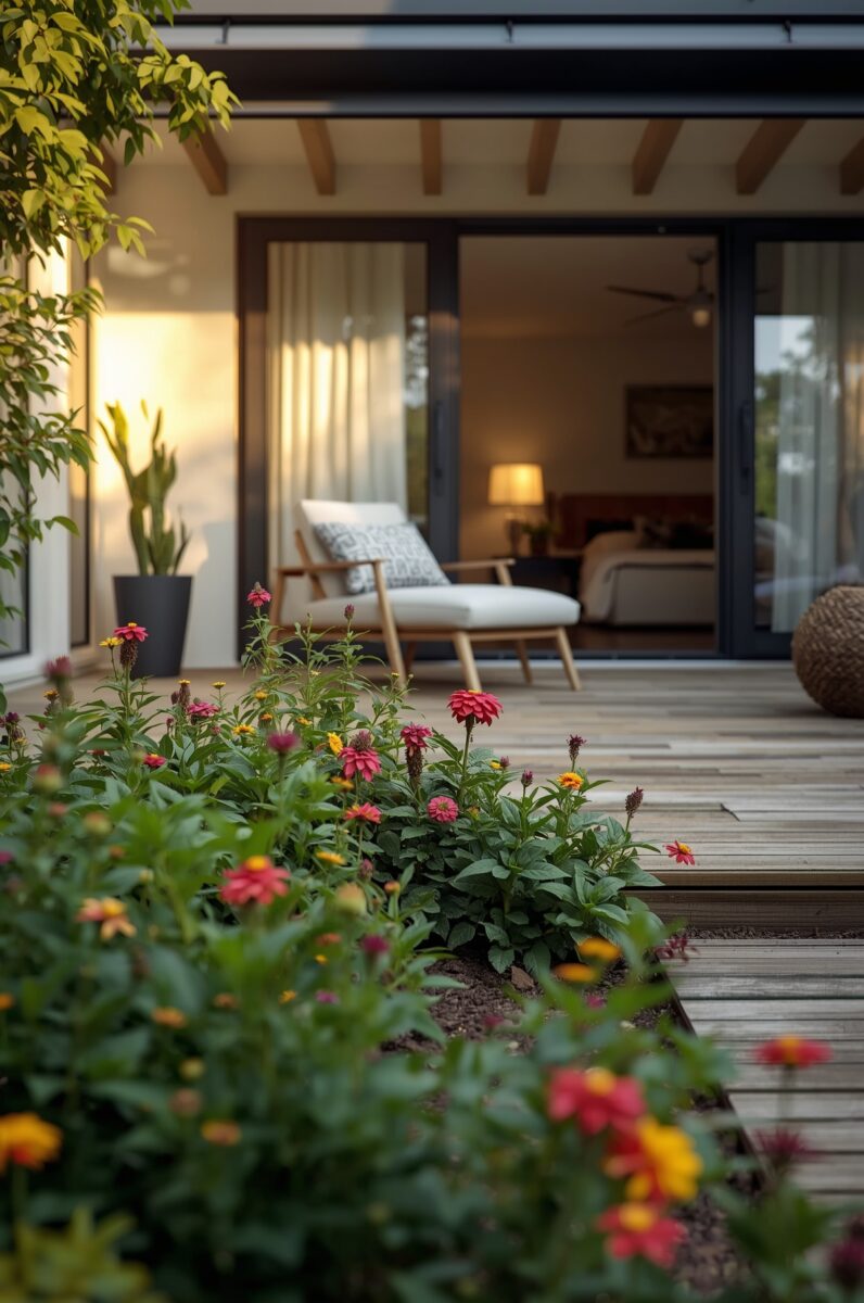 Colorful zinnia flower garden alongside a wooden deck leading to a modern bedroom with open sliding glass doors