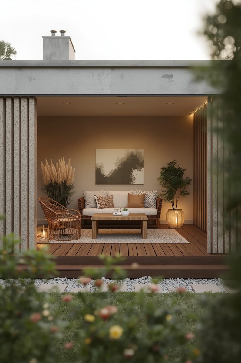 Modern covered patio with rattan chair, wooden coffee table, beige sofa, pampas grass, and warm ambient lighting