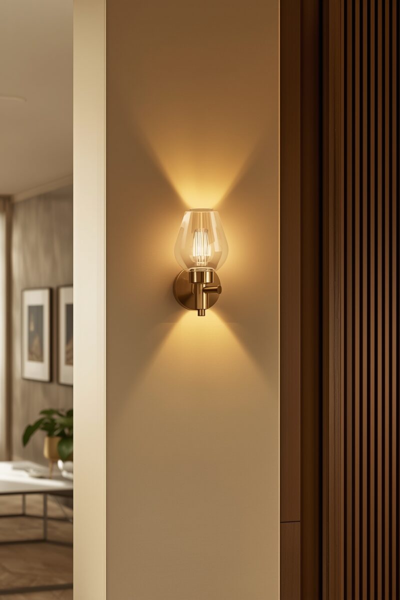 Gold brass wall sconce with clear glass shade and Edison filament bulb casting warm upward and downward light on beige wall