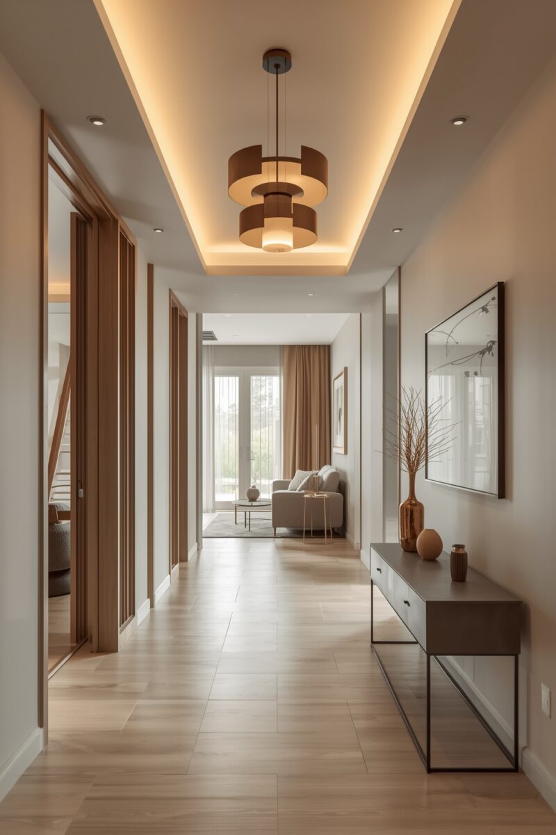 Modern hallway with tiered pendant light, coved ceiling, console table with decorative vases, and view into living room