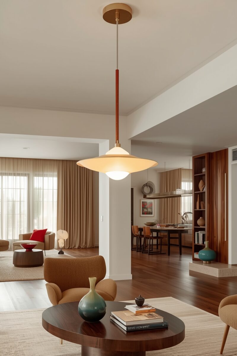 Mid-century modern open-plan living room with pendant light, walnut coffee table, teal vase, and warm earth-tone furnishings