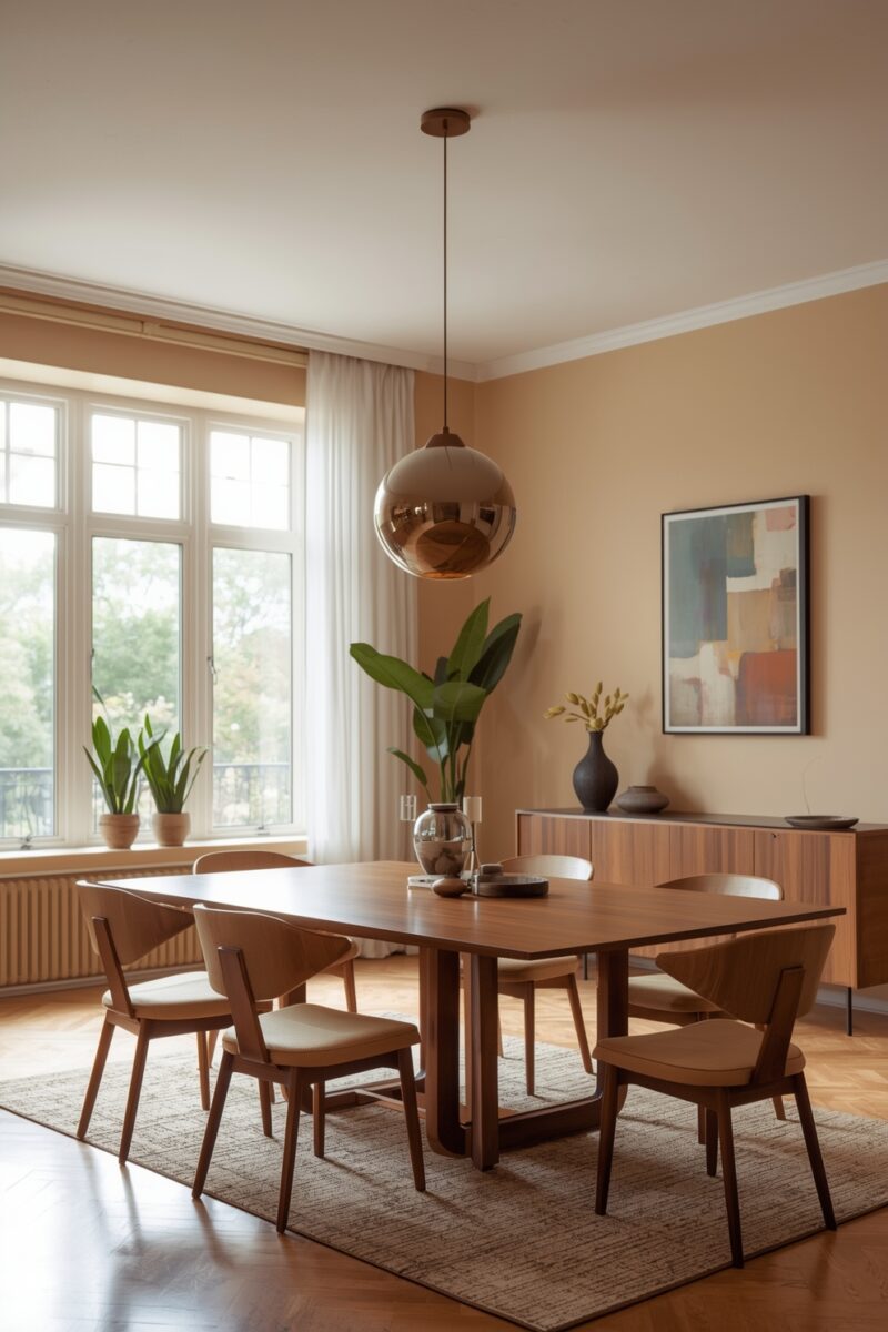 Mid-century modern dining room with walnut table, cushioned chairs, bronze pendant light, and warm beige walls
