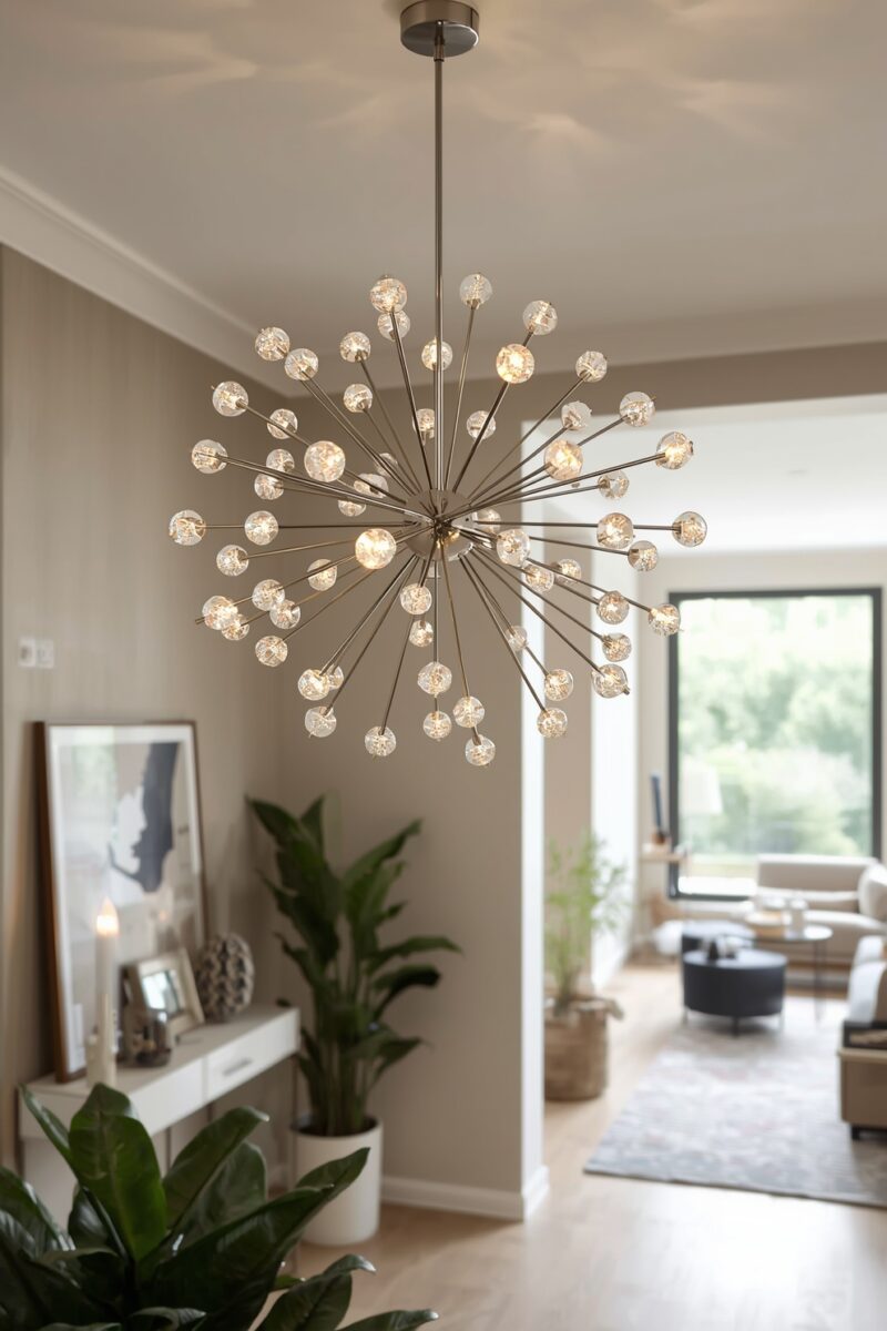 Modern sputnik chandelier with glass globe bulbs hanging in a contemporary home entryway