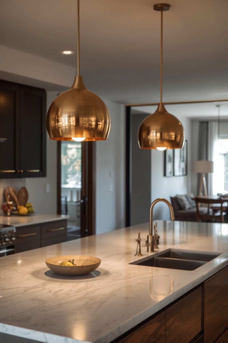 Modern kitchen island with white marble countertop, two copper pendant lights, and undermount double sink with brass faucet