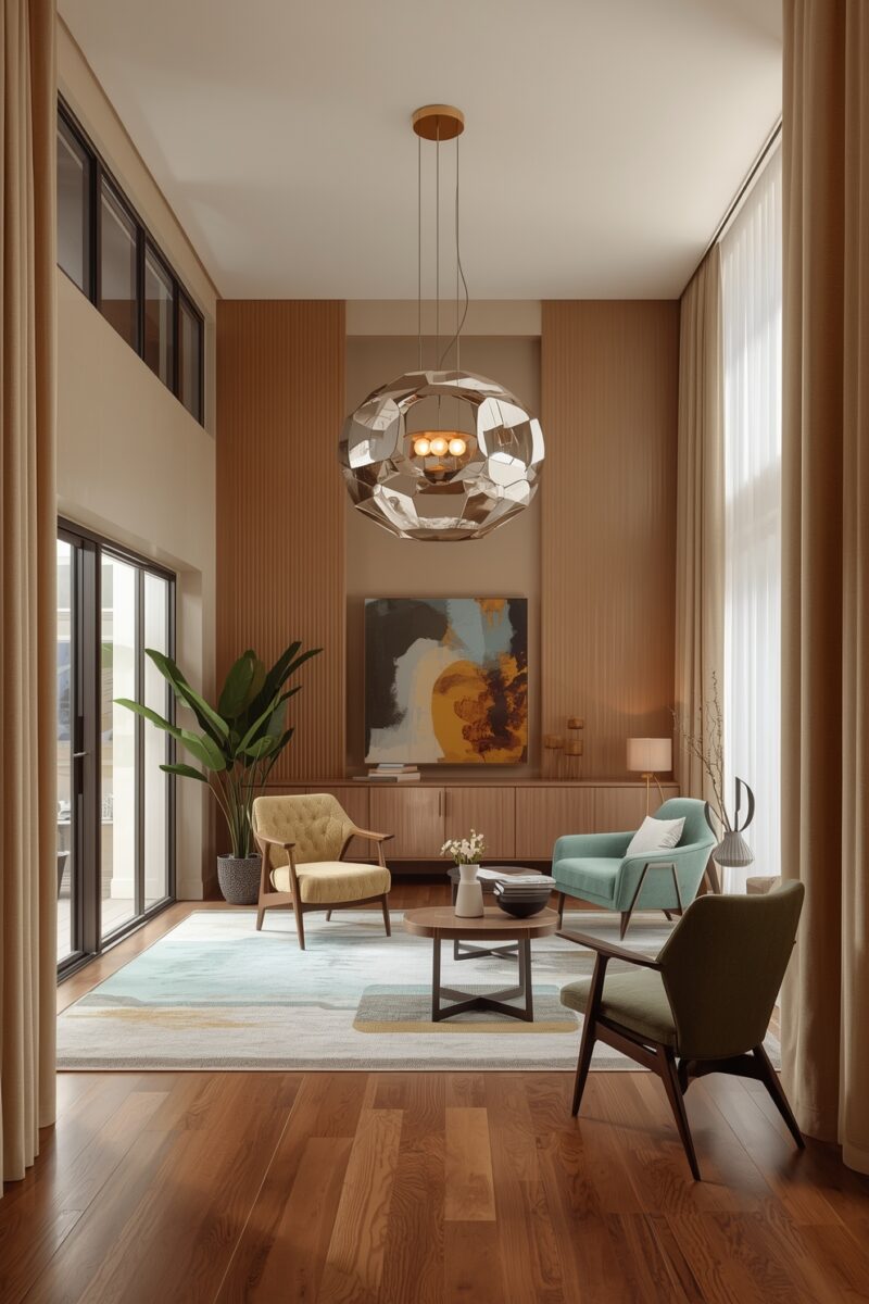 Mid-century modern living room with teal, yellow, and green accent chairs, geometric pendant light, and warm wood tones