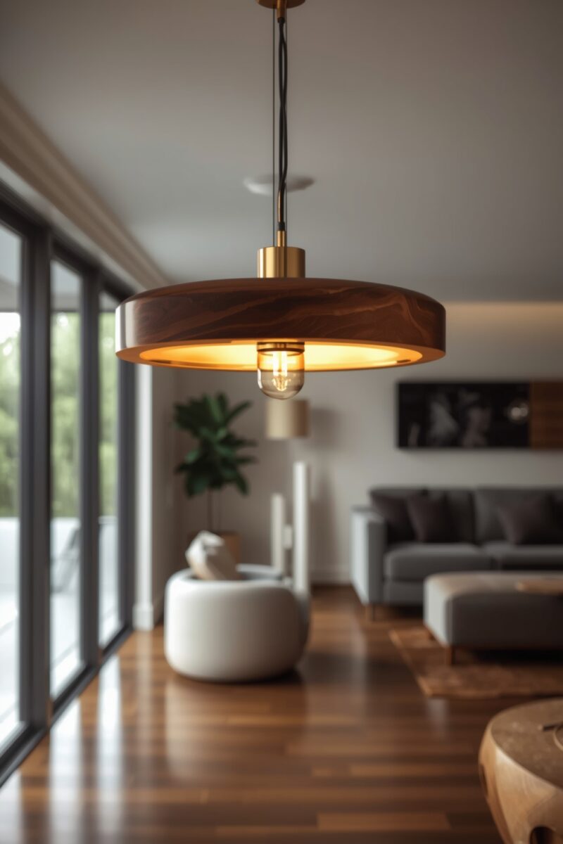 Walnut wood and brass pendant light hanging in a modern living room with hardwood floors and large windows