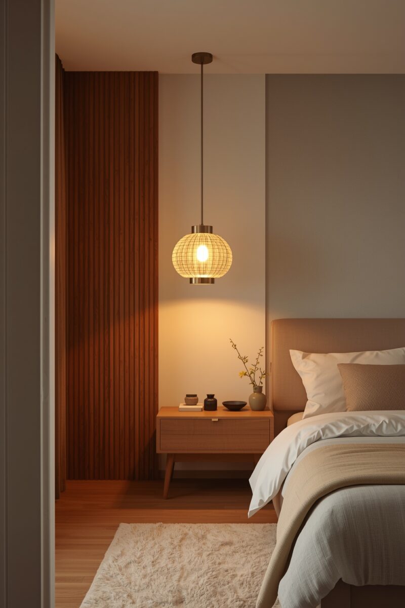 Modern bedroom with warm pendant lamp over wooden nightstand, neutral bedding, and slatted wood accent wall