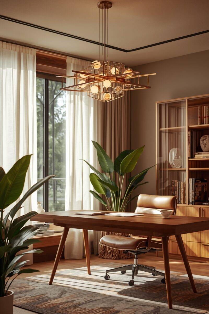 Mid-century modern home office with wooden desk, leather chair, geometric chandelier, and tropical plants by large windows