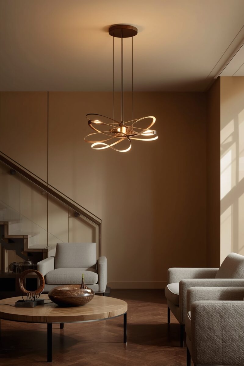 Modern bronze orbital loop pendant chandelier in a warm-toned living room with grey armchairs and wooden coffee table
