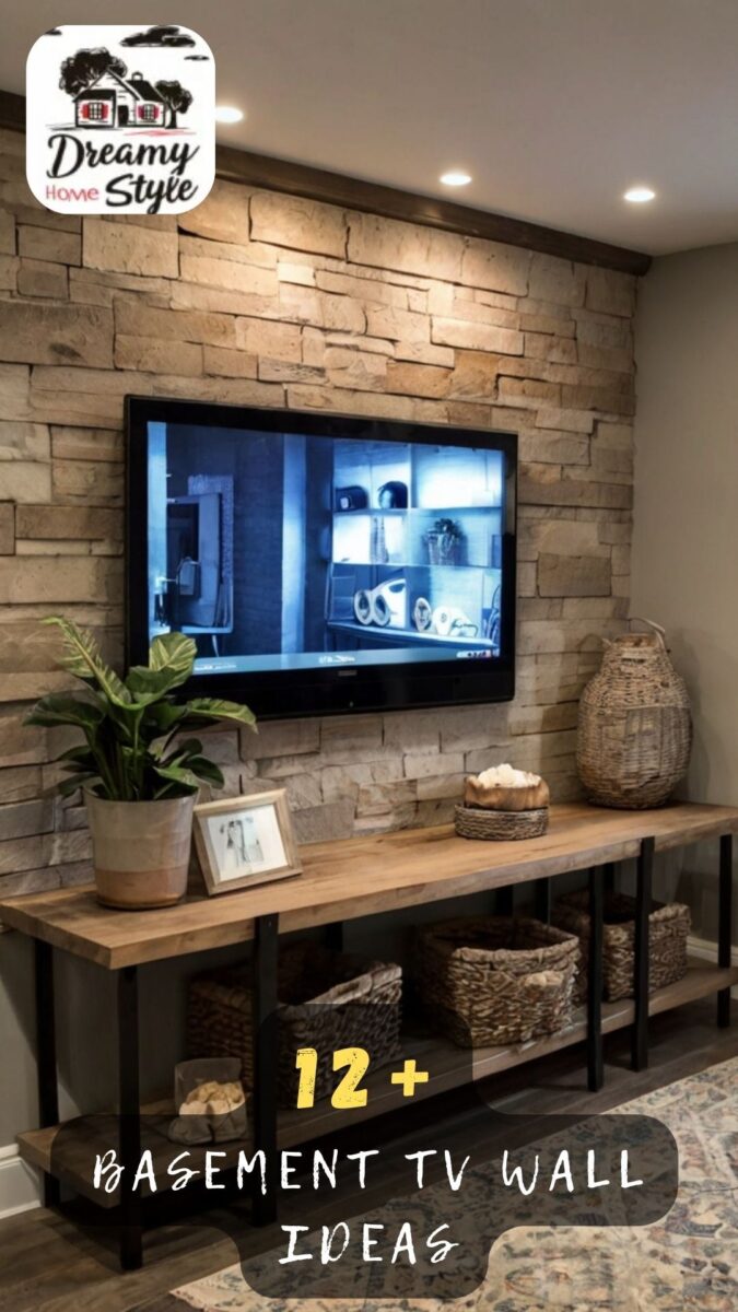 Basement TV wall with stacked stone accent, mounted flat-screen TV, and rustic wood console table with wicker baskets