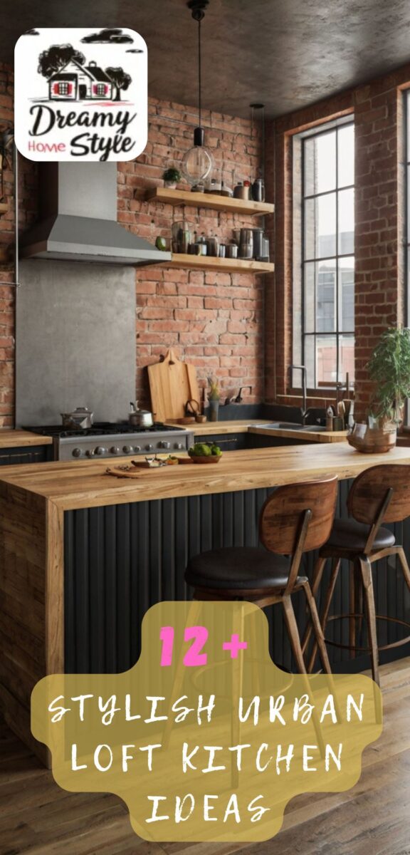 Industrial urban loft kitchen with exposed brick walls, wood countertops, dark cabinets, and bar stools