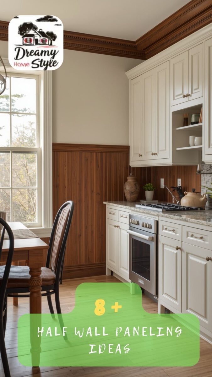 Kitchen with warm brown wood half wall paneling, white cabinets, stainless steel range, and granite countertops