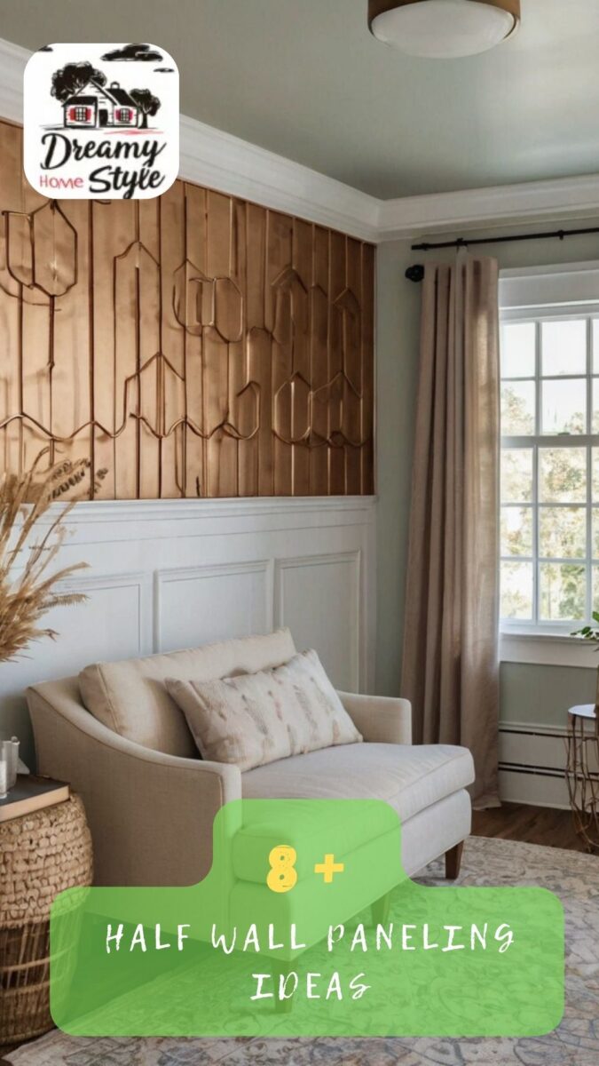 Living room with white wainscoting bottom half and warm wood geometric panel accent wall above sofa
