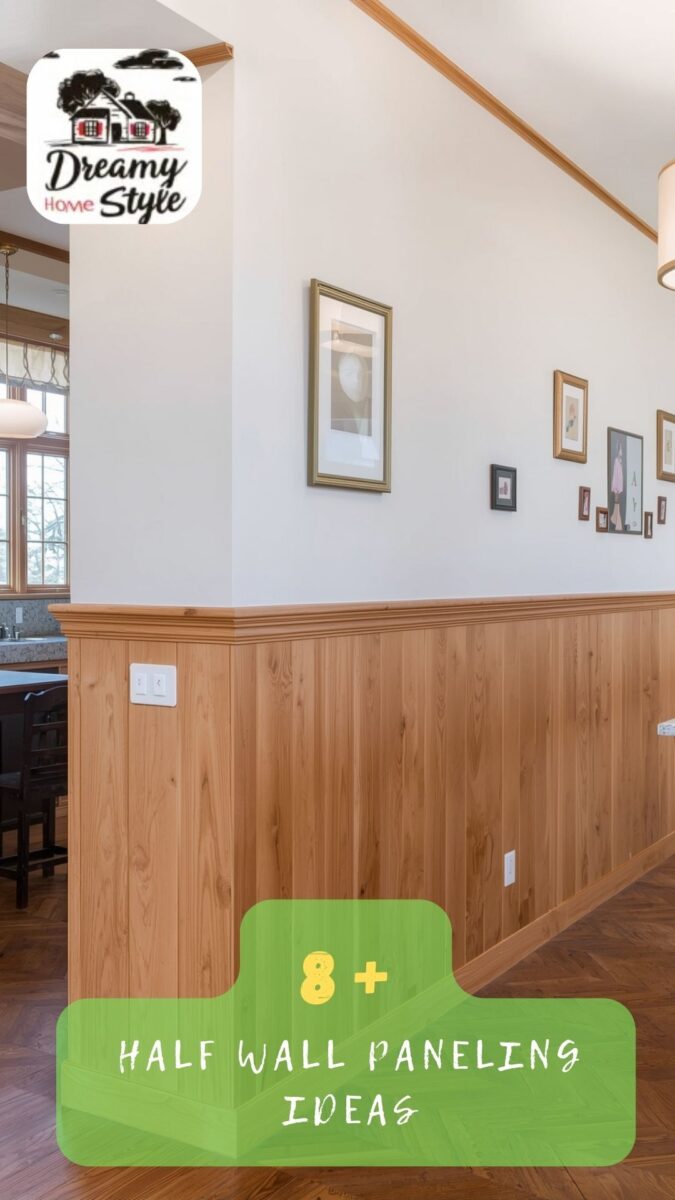 Natural wood half wall paneling with vertical tongue-and-groove boards, white upper walls, and gallery frames in modern home hallway