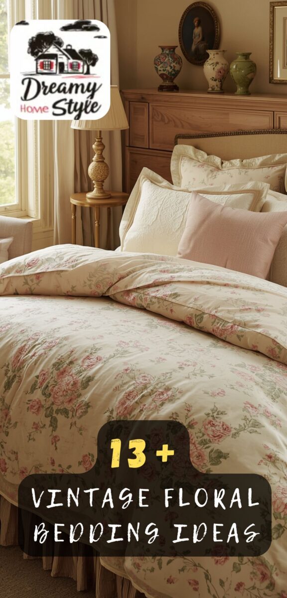 Vintage floral bedding with pink roses on cream duvet in a warm, elegantly decorated bedroom