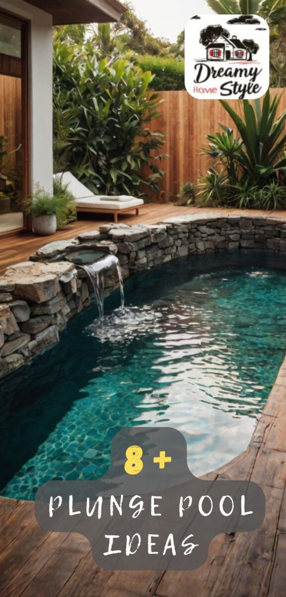 Small backyard plunge pool with natural stone walls, waterfall feature, wooden deck, and tropical plants