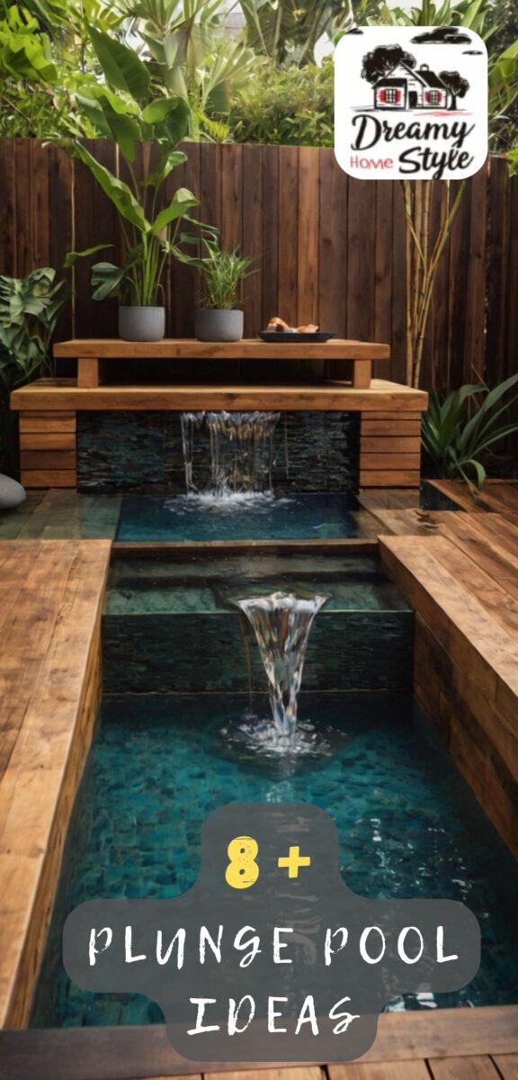 Luxury backyard plunge pool with wooden deck, waterfall feature, fountain jet, and tropical plants