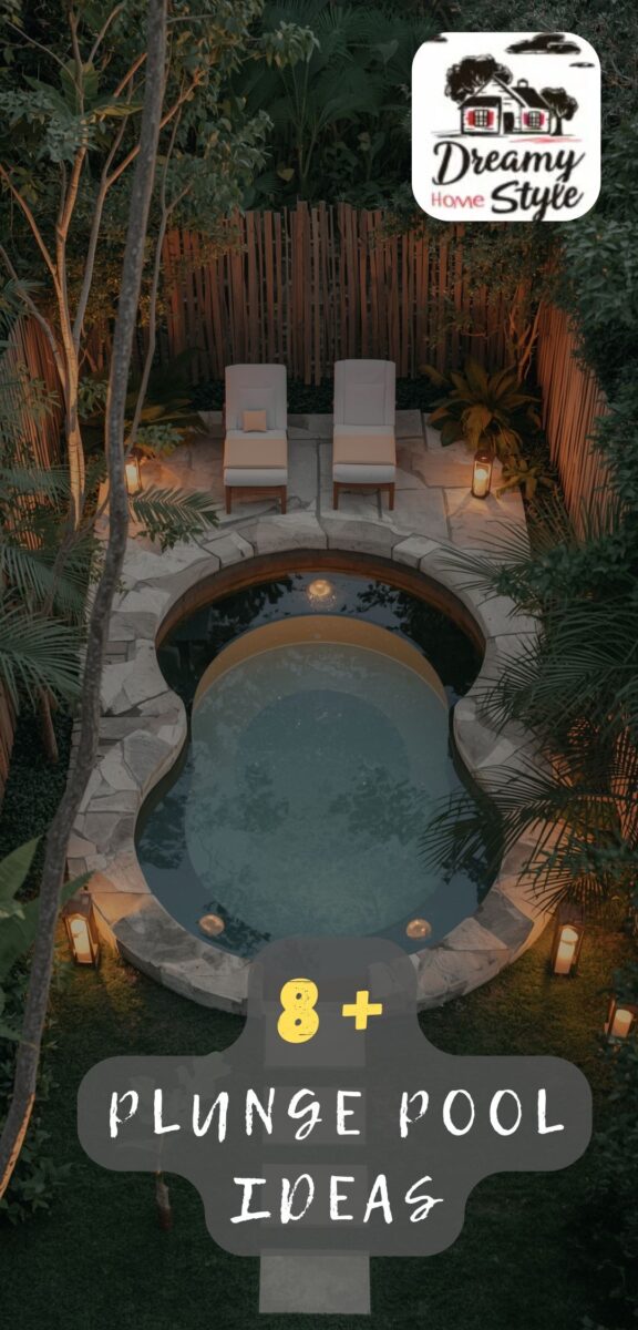 Aerial view of a small kidney-shaped plunge pool surrounded by tropical plants, stone coping, and two lounge chairs at dusk