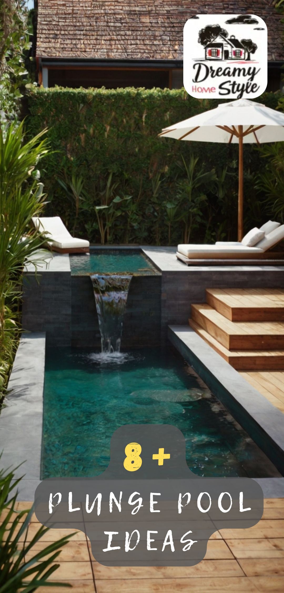 Luxury backyard plunge pool with waterfall feature, wooden steps, lounge chairs, and lush tropical landscaping