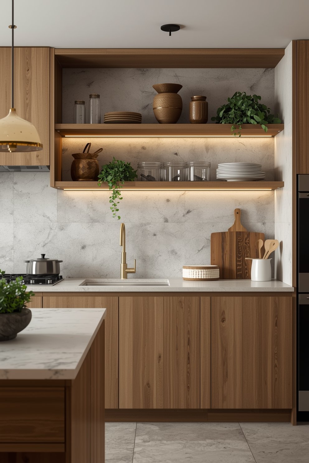 Modern kitchen with warm wood cabinets, marble backsplash, open shelves with LED lighting, gold faucet, and natural decor