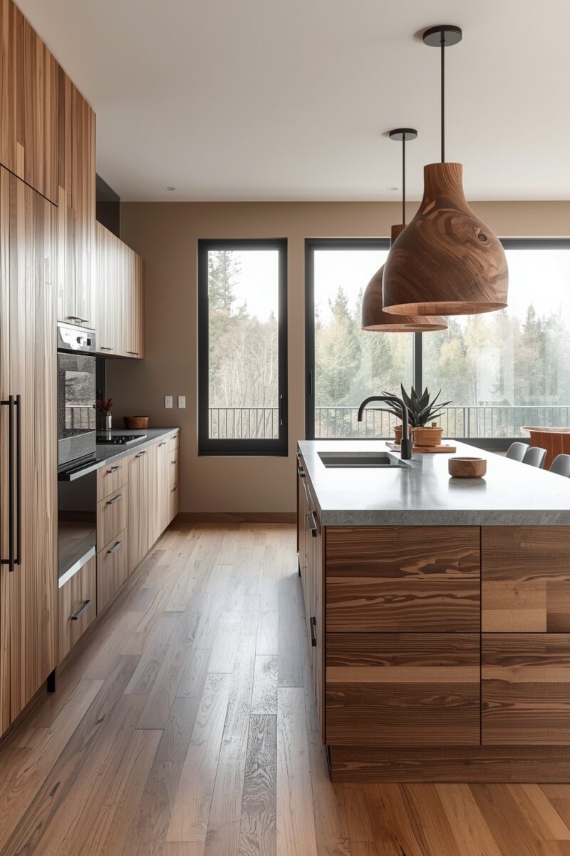 Modern kitchen with walnut wood island, white quartz countertop, wooden pendant lights, and floor-to-ceiling windows