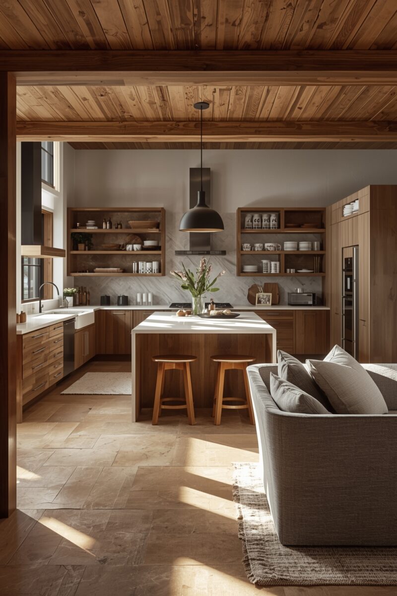Modern rustic open-concept kitchen with walnut cabinets, marble backsplash, kitchen island with two wood stools, and wood-paneled ceiling