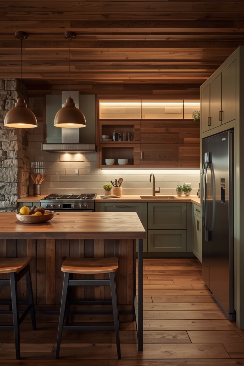 Rustic modern kitchen with sage green cabinets, butcher block island, wood ceiling, and warm pendant lighting