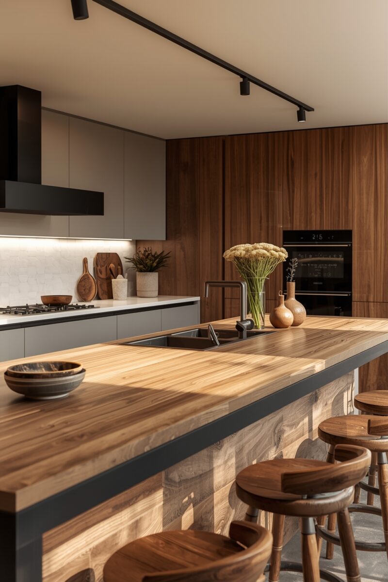 Modern kitchen with butcher block island, walnut wood cabinets, gray lower cabinets, and wooden bar stools