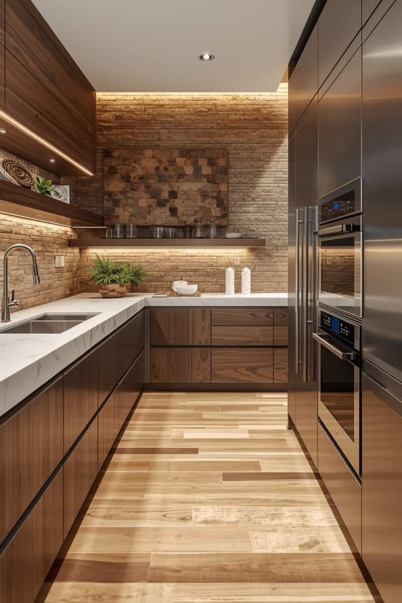 Modern luxury kitchen with walnut wood cabinets, marble countertops, stone backsplash, and stainless steel appliances