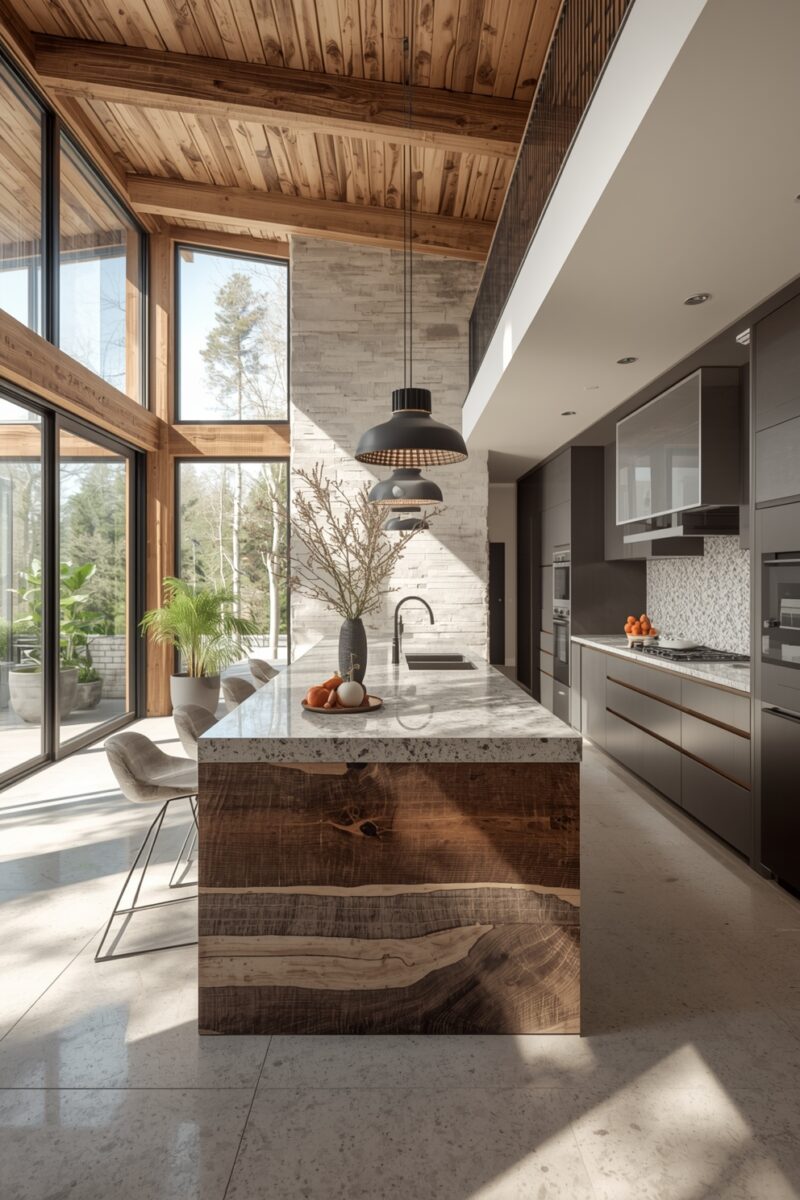 Modern luxury kitchen with live-edge wood island, marble countertop, black pendant lights, and floor-to-ceiling windows