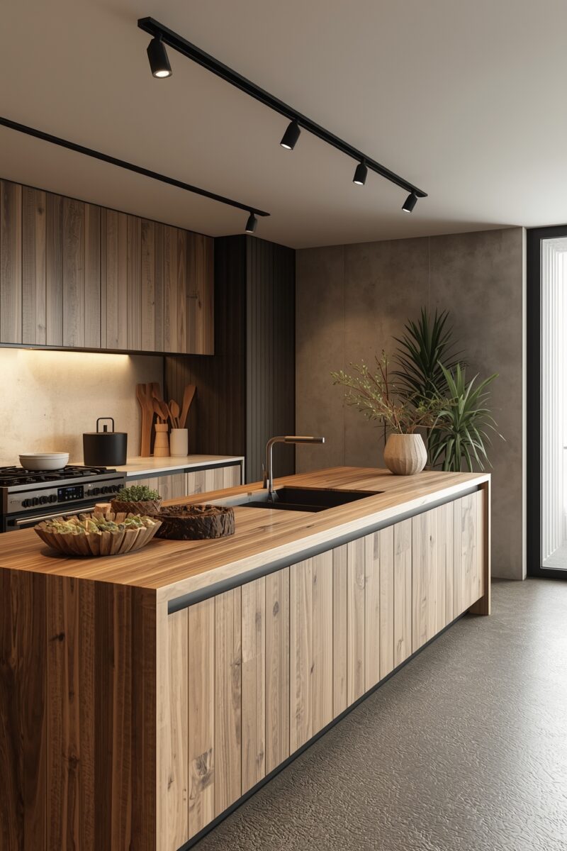 Modern kitchen with light wood island, black sink, track lighting, and dark walnut cabinets against concrete walls