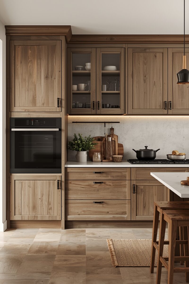 Modern farmhouse kitchen with warm wood cabinets, built-in black oven, gas cooktop, and white marble countertops