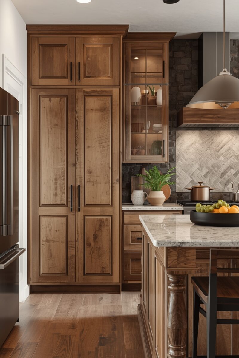 Rustic kitchen with warm wood cabinets, marble island countertop, herringbone tile backsplash, and pendant lighting