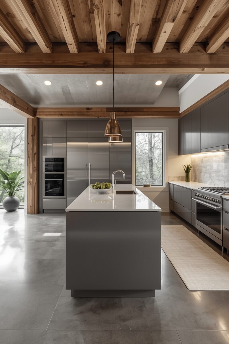 Modern kitchen with gray cabinets, white quartz island, copper pendant light, and exposed wood beam ceiling