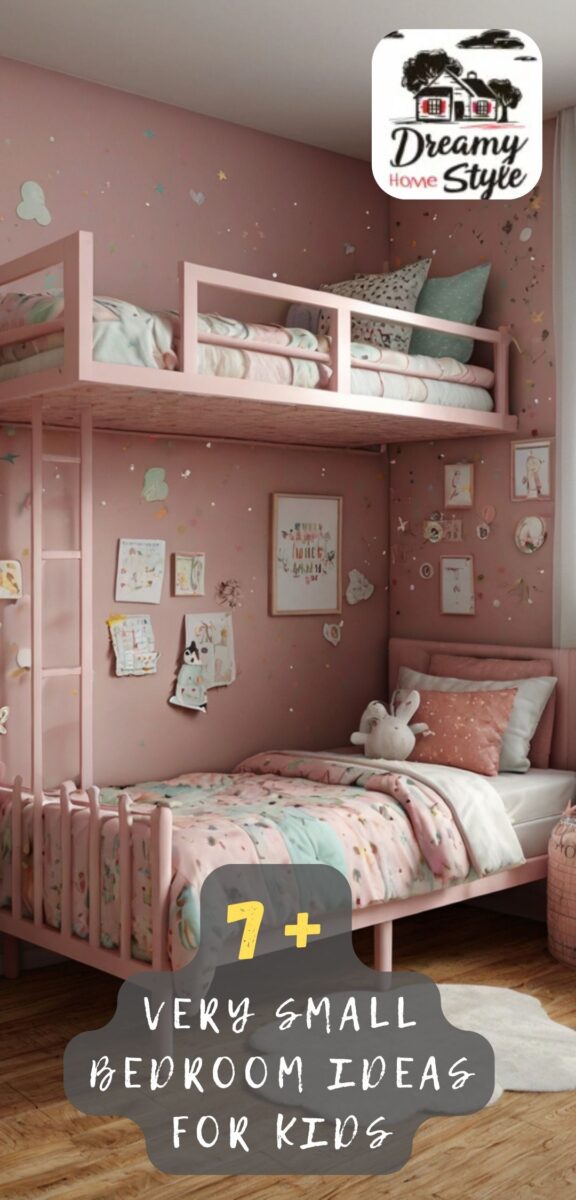 Pink bunk bed setup in small kids bedroom with pastel bedding, wall art, and bunny plush toy