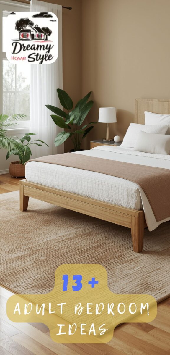 Modern adult bedroom with natural wood bed frame, white bedding, brown throw, indoor plants, and warm neutral walls