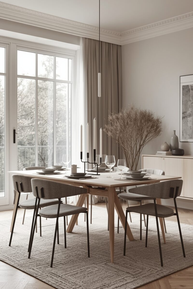 Minimalist Scandinavian dining room with light wood table, grey upholstered chairs, and neutral decor