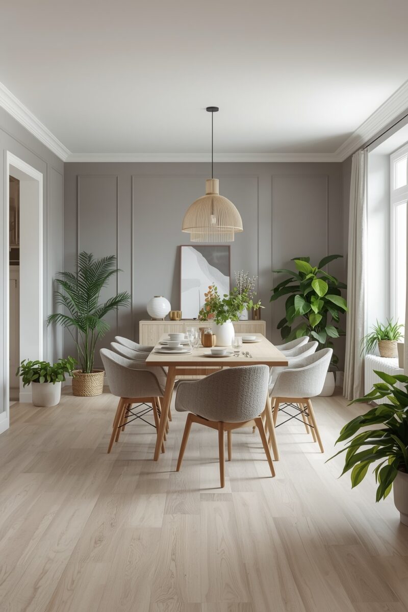 Scandinavian-style dining room with light wood table, gray upholstered chairs, rattan pendant light, and lush indoor plants