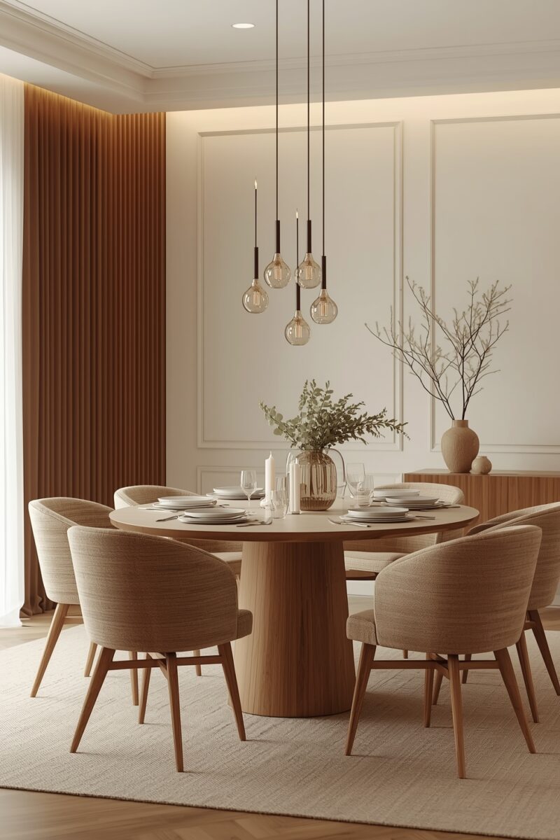 Modern dining room with round wood pedestal table, beige upholstered chairs, pendant lights, and neutral decor