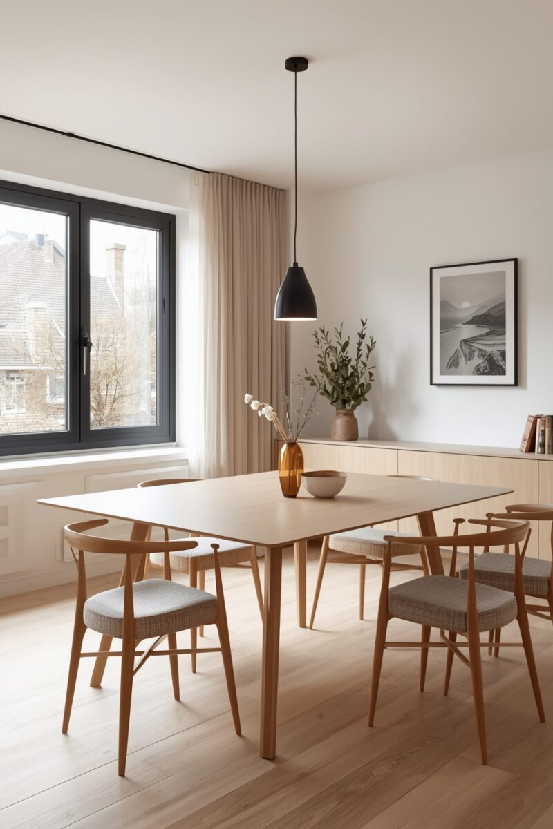 Minimalist Scandinavian dining room with light wood table, six chairs, black pendant lamp, and natural light from large window