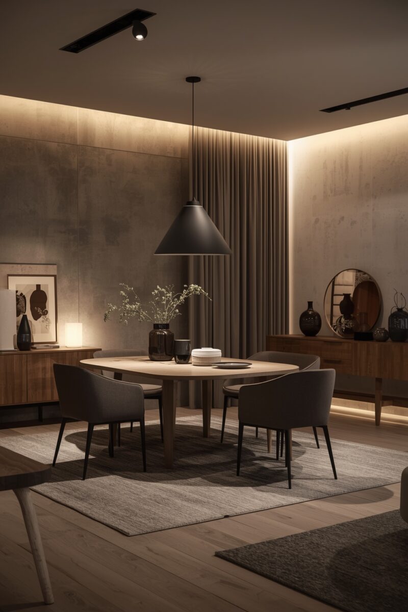 Modern dining room with oval wood table, dark upholstered chairs, black pendant light, and warm ambient lighting