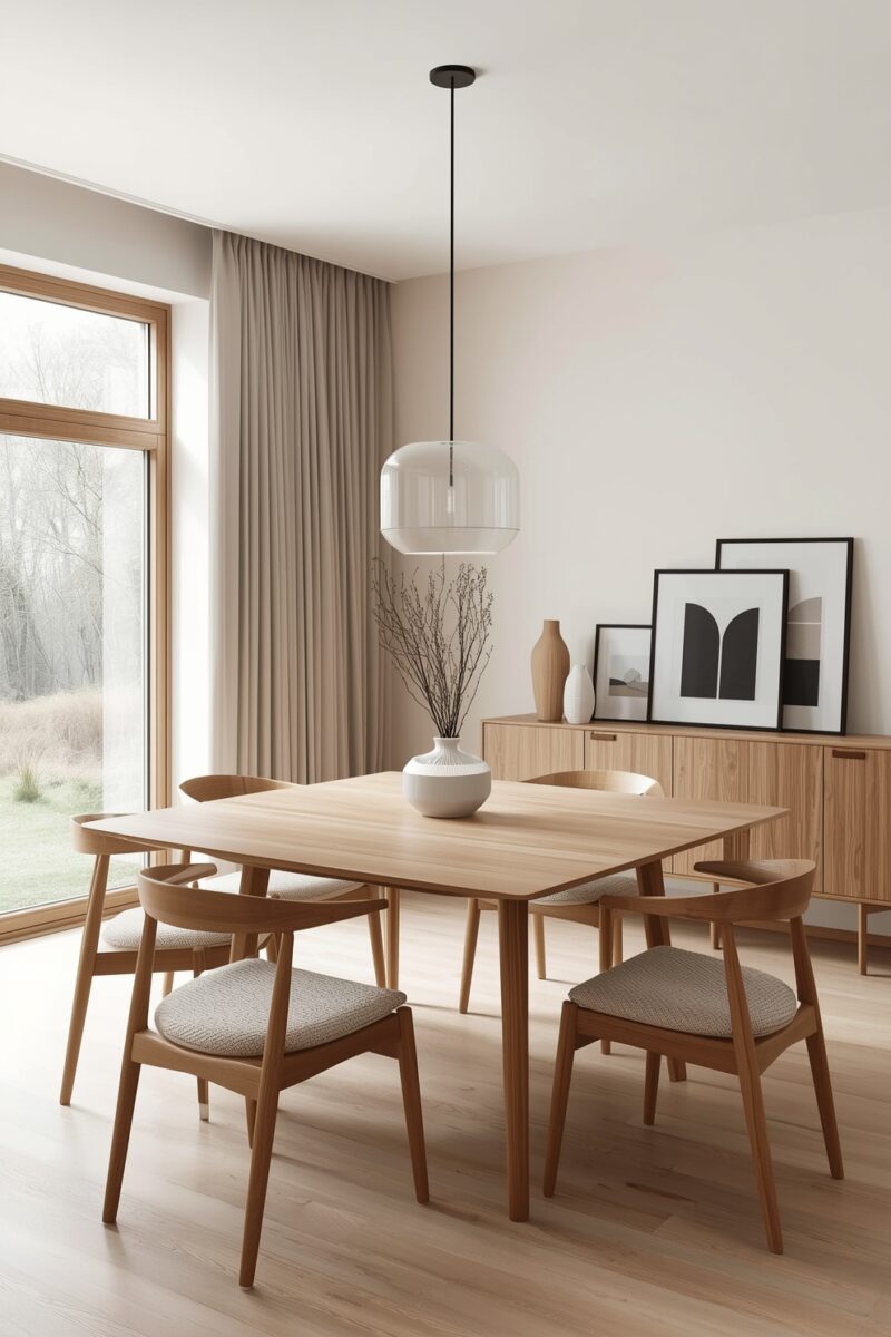Minimalist Scandinavian dining room with light wood table, six chairs, glass pendant light, and large window