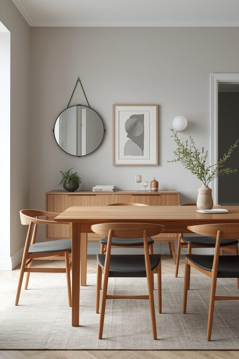 Scandinavian dining room with light oak table, six chairs with black cushions, round mirror, and minimalist decor