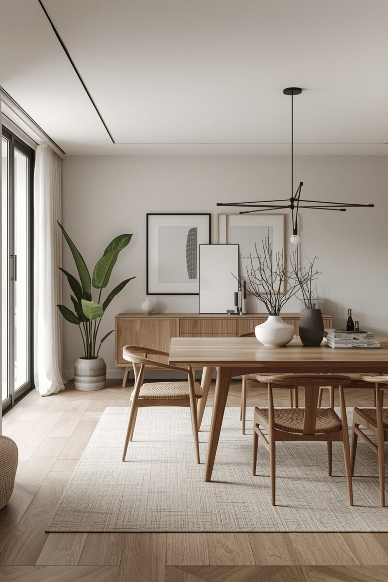 Modern Scandinavian dining room with light wood table, wishbone chairs, pendant light, and large indoor plant