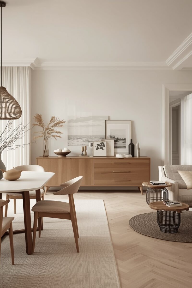Scandinavian open-plan living and dining room with wood furniture, herringbone floor, and neutral tones