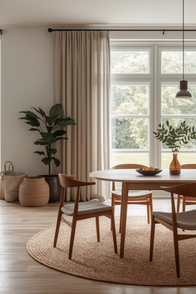 Minimalist Scandinavian dining room with round wooden table, mid-century chairs, jute rug, and large window